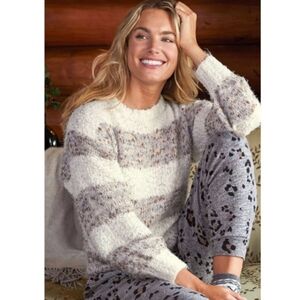 Maurices Cozy Striped Lantern Sleeve Fuzzy Knit Pullover Sweater Large